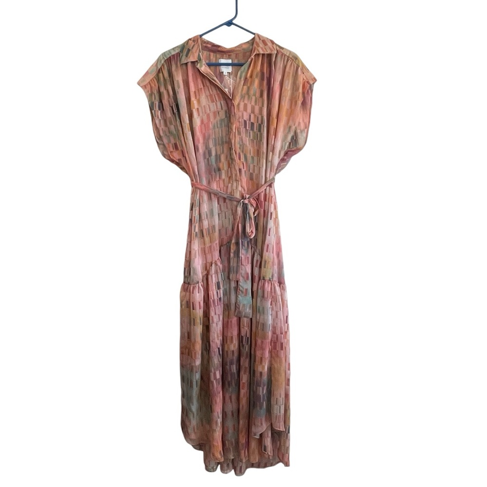 Misa Laura Drop Waist Shirtdress Poly Chiffon Multicolor Front Button Small